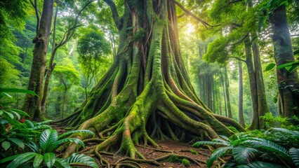 Vibrant green musk vines entwine massive ancient tree trunk in a lush tropical woods forest, radiating serenity and harmony with nature's majestic beauty.