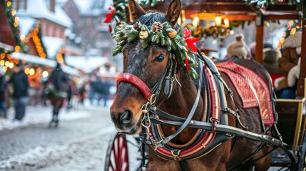 Obraz premium A horse-drawn carriage decorated with festive wreaths and garlands at a Christmas market in a historic town square, Festive setting with holiday decorations and joyful atmosphere, Photo of