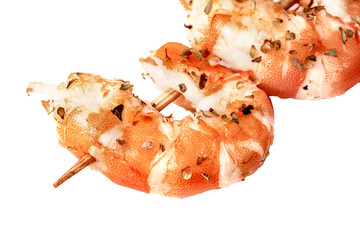 closeup roasted peeled prawn with skewer isolated