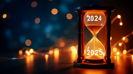 Illuminated hourglass with transition from 2024 to 2025