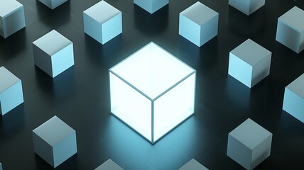 Fototapeta premium 3D Illustration of Glowing White Box Surrounded by Minimalistic Boxes.