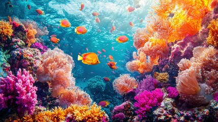 Vibrant Coral Reef Underwater Scene with Colorful Fish and Anemone