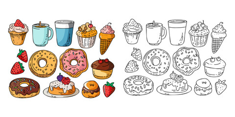 Set of desserts in color and doodle black and white background, hand drawn on a white background