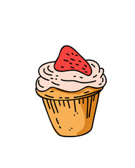 cupcake with cream and strawberries in children's cartoon style