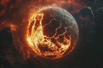 Fiery Cracked Molten Moon Orbiting Massive Gas Giant Intense Cosmic Celestial Scene
