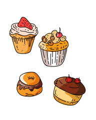Illustration of a set of cute cupcakes with different fillings in a cartoon children's style