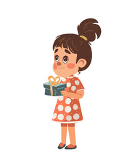 Little girl standing with gifts and smiling, cartoon style