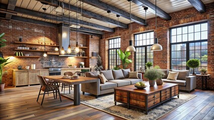 Weathered brick walls and industrial metal beams juxtapose with distressed wood accents and modern urban fixtures in a spacious, eclectic rustic-urban fusion interior space.