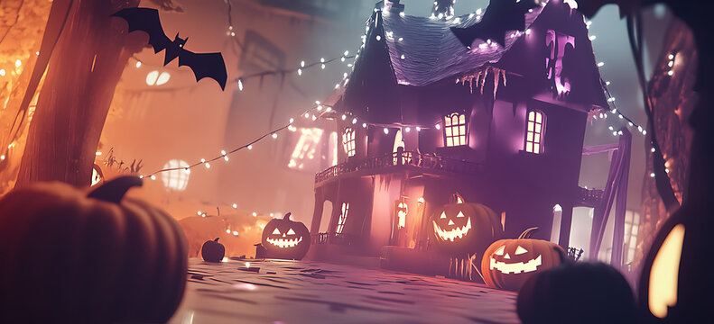 Halloween scene with a creepy house and pumpkins in the foreground, ideal for greeting cards or invitations, photorealistic 3D render, eerie Halloween atmosphere, spooky setting, haunted house, pumpki