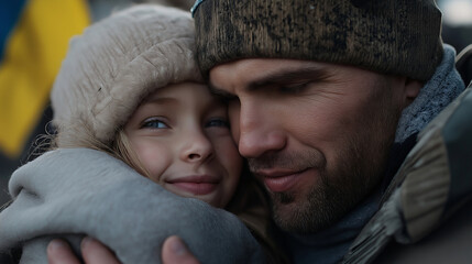A touching hyperrealistic image of a soldier in military uniform, holding his family tightly after a long deployment, with the Ukrainian flag prominently displayed behind them on a