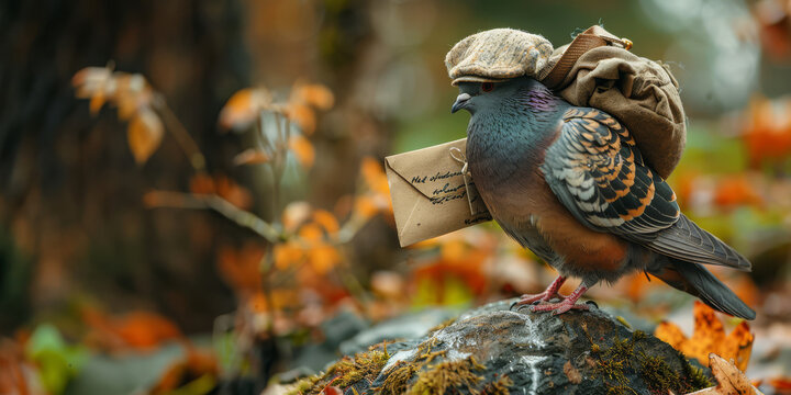 Charming postal pigeon wears a tiny cap and a backpack, perched atop a moss-covered rock, holding a letter, ready to deliver a special message in a tranquil outdoor setting. Copy space