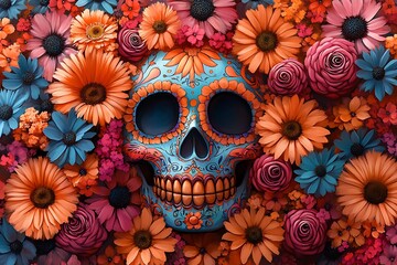 a skull surrounded by flowers
