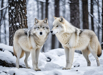 Obraz premium Two graceful arctic wolves in wolf pack in frosty snowy winter forest. Gray wolf couple. Banner with wild animals in their natural habitat. Wildlife scene.
