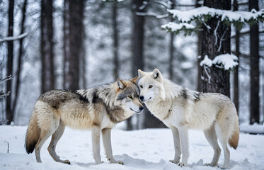 Obraz premium Two graceful arctic wolves in wolf pack in frosty snowy winter forest. Gray wolf couple. Banner with wild animals in their natural habitat. Wildlife scene.