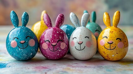 Smiling bunnyfaced Easter eggs artistically painted placed a soft pastel surface with ample space left on the side for a personalized Happy Easter message in bold text