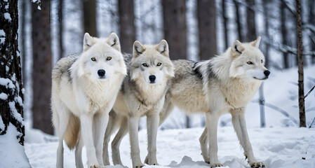 Fototapeta premium Two graceful arctic wolves in wolf pack in frosty snowy winter forest. Gray wolf couple. Banner with wild animals in their natural habitat. Wildlife scene.