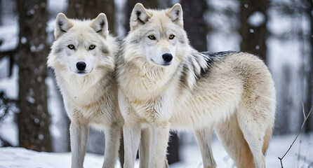 Two graceful arctic wolves in wolf pack in frosty snowy winter forest. Gray wolf couple. Banner...