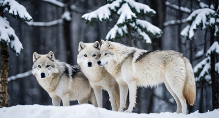 Obraz premium Two graceful arctic wolves in wolf pack in frosty snowy winter forest. Gray wolf couple. Banner with wild animals in their natural habitat. Wildlife scene.