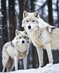 Obraz premium Two graceful arctic wolves in wolf pack in frosty snowy winter forest. Gray wolf couple. Banner with wild animals in their natural habitat. Wildlife scene.