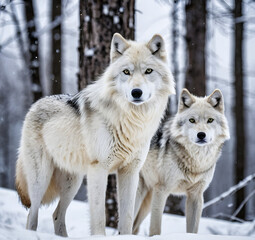 Obraz premium Two graceful arctic wolves in wolf pack in frosty snowy winter forest. Gray wolf couple. Banner with wild animals in their natural habitat. Wildlife scene.