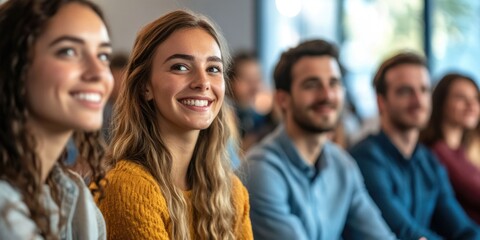 Fototapeta premium Group of happy individuals in a meeting or classroom setting.
