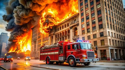 Dramatic scene of a bright red firefighting truck parked in front of a massive inferno engulfing a multi-story urban building with flames raging upwards.