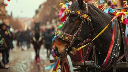 A horse-drawn carriage decorated with flowers and ribbons at a festive carnival procession, City setting with historic landmarks and joyful crowds, Photo of