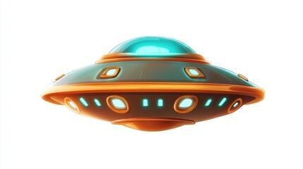 Fantasy UFO icon or sign featuring a 3D realistic 2D cartoon illustration isolated on a white background Depicts a futuristic flying saucer or round rocket design