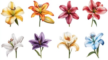 Obraz premium Collection of lily blossoms on a white background with a clipping path Close up of watercolor flowers For creative design Nature