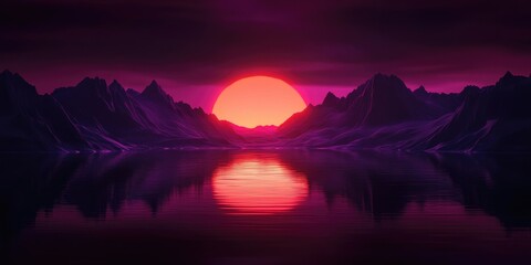 Fototapeta premium Silhouette of mountain range reflecting in a tranquil lake during sunset, Mountain Range Reflection in Calm Lake at Sunset