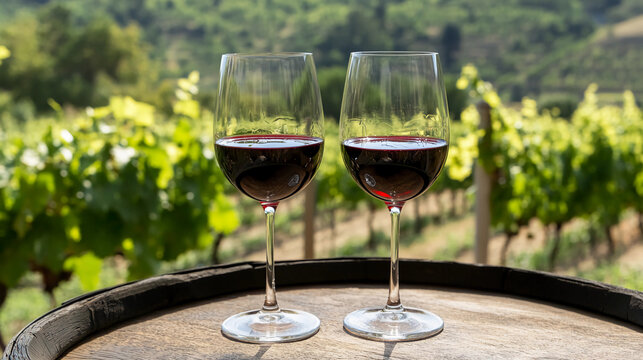 Red wine in glasses, in a vinyard setting