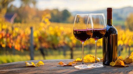 Red wine in glasses, in a vinyard setting
