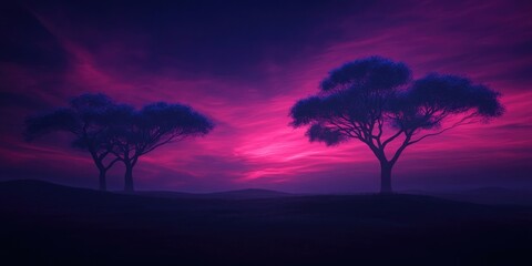 Obraz premium Silhouette of trees against a vibrant sunset, Silhouette of trees with colorful sunset backdrop