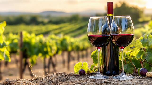 Two glasses of wine in a vinyard setting