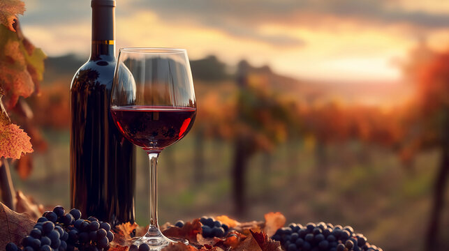 Glass of red wine in a vinyard setting