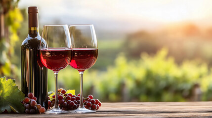 Red wine in glasses, in a vinyard setting