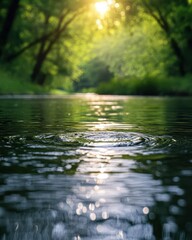 Fototapeta premium A serene river scene with ripples, surrounded by lush greenery and warm sunlight filtering through trees.