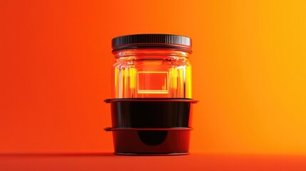 Keyboard button in a glass jar placed inside a bucket against a vibrant orange background highlighting a hacker theme