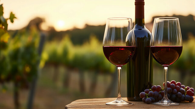 Red wine in glasses, in a vinyard setting