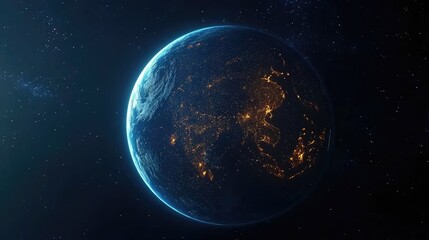 Obraz premium Beautiful planet Earth depicted in a 3D cartoon rendering showcasing night lights of cities from space Stunning nighttime view of the planet highlighting urban areas in Asia Concept of development