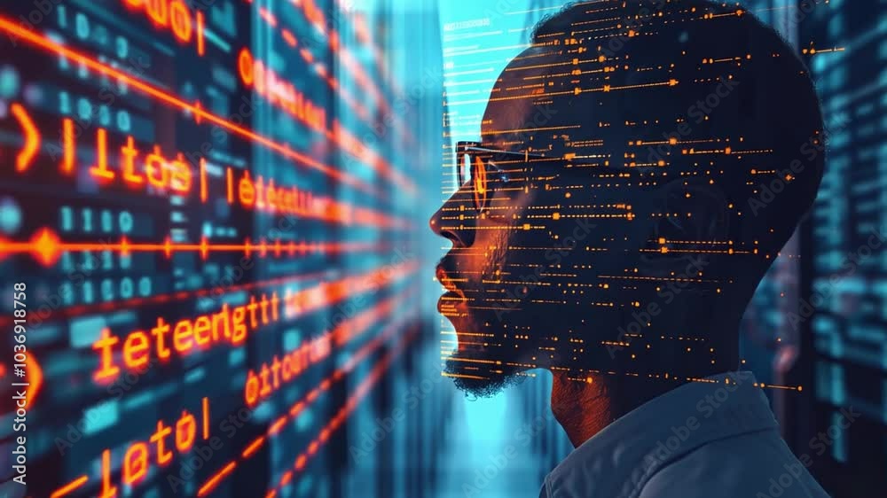 Poster In a modern workspace, a man focuses on intricate code displayed on screens, reflecting on data security and technology's impact on society.
