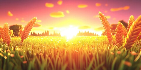 Stunning panoramic countryside landscape featuring blooming wild grass at sunset during a warm summer Pastoral scene with selective focus on the foreground