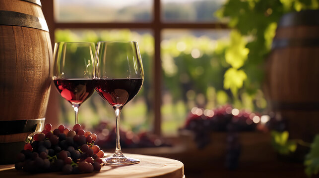 Red wine in glasses, in a vinyard setting