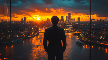 Fototapeta premium Silhouette of a man financier think about something while standing near office window background with copy space for your text message or advertising content, young male thoughtful rest after briefing