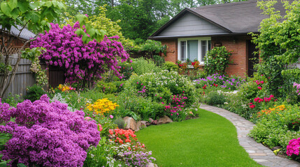 Obraz premium A vibrant spring display of blooming lilacs and azaleas, enhancing the beauty of the garden.