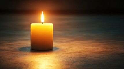 3D rendering of a burning candle in a dimly lit space