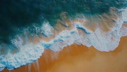 Aerial view of gentle ocean waves crashing on a sandy beach during a tropical getaway