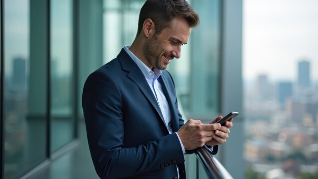 Smiling Businessman Engaged with Phone on Scenic Balcony