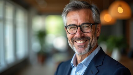 Fototapeta premium Cheerful Older Man in Modern Office Setting with Warm Smile