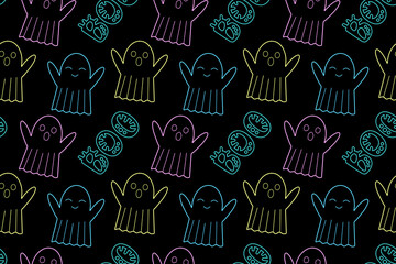 Seamless neon ghost pattern for Halloween. Playful glowing design on black background, perfect for spooky and festive decorations.